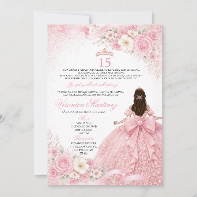 Invitation Spanish Dusty Pink Charra Princess Floral 15 Años (Devant)