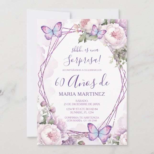 Invitation Spanish Dusty Purple Floral Sorpresa 60th Birthday (Devant)