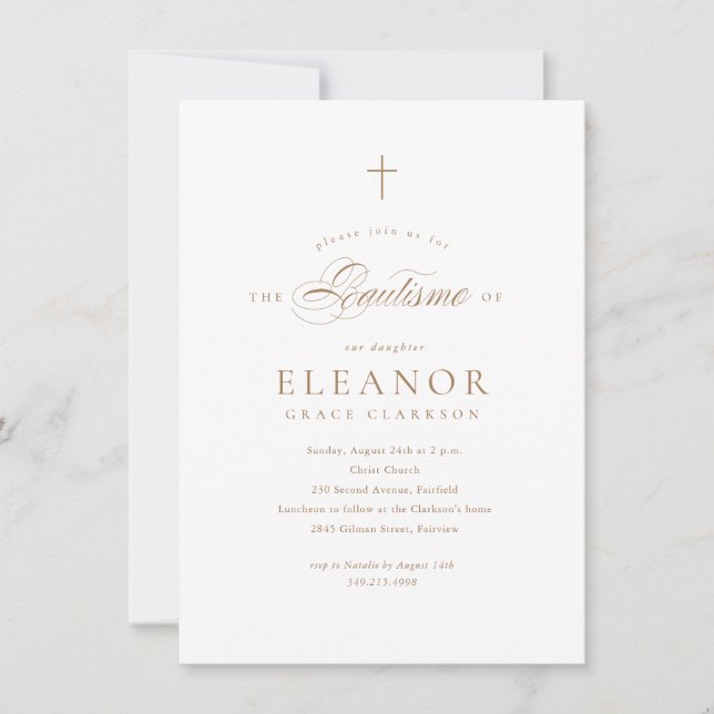 Invitation Spanish Elegant Gold Cross Calligraphy Baptism (Devant)