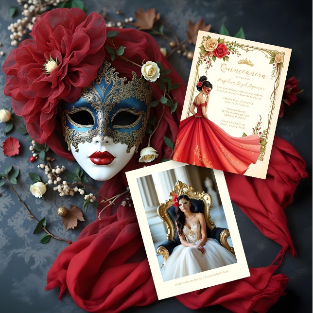 Invitation Spanish Exquisite Chic Quinceañera Masquerade Ball (Spanish Exquisite Elegant Quinceañera Masquerade Ball Golden Effect Invitation Cards.)
