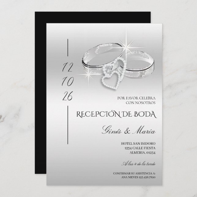 Invitation Spanish Glitzy Silver Wedding Rings Reception (Devant / Derrière)
