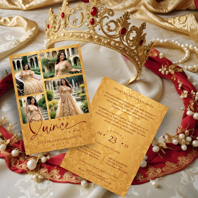 Invitation Spanish Golden & Dark Red Trendy XVs Collage 4  (Spanish Golden & Dark Red Trendy Quinceañera Collage 4 Multi Photos Invitations Cards. )