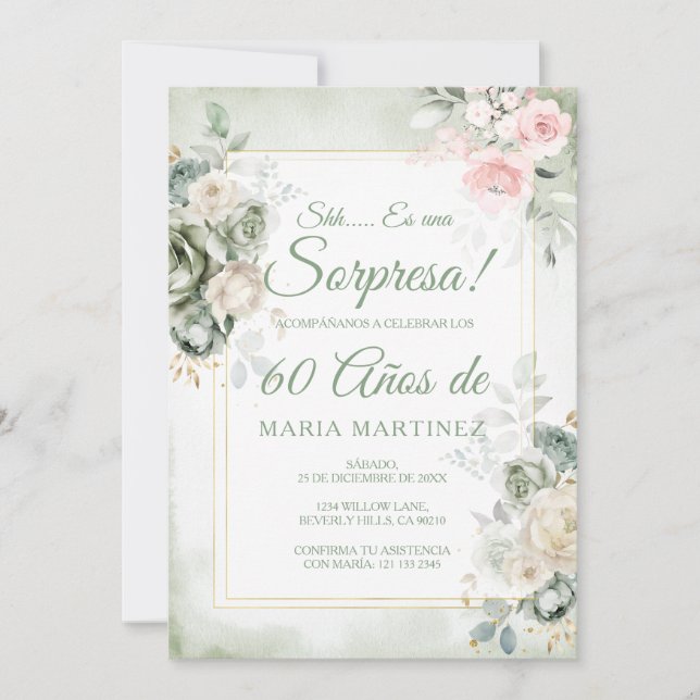 Invitation Spanish Green Floral Sorpresa 60 Años Birthday (Devant)