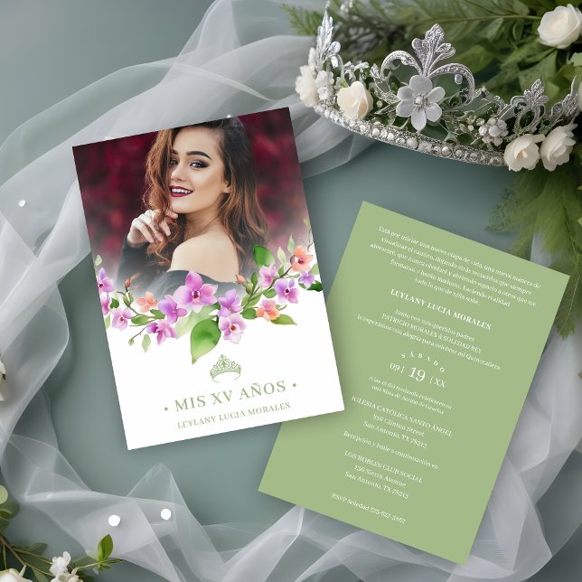 Invitation Spanish Green Princess Crown & Garland Mis XV Años (Spanish Green Princess Crown & Garland Mis XV Años Photo Invitation Card. )