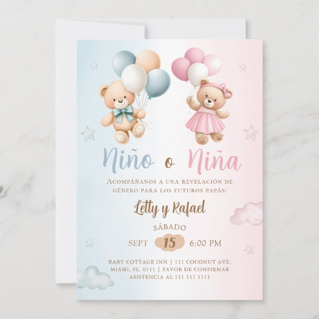 Invitation Spanish Nino o Nina Teddy Bear Gender Reveal (Devant)