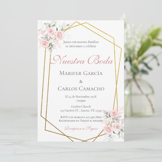 Invitation Spanish Pink Floral Wedding invitación boda españo (Debout devant)
