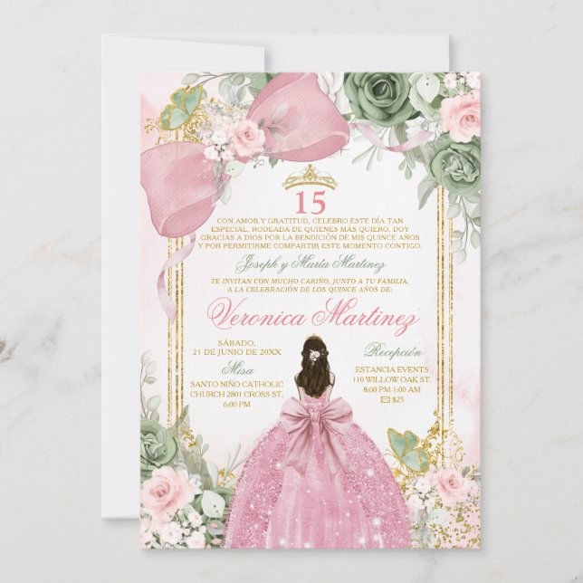 Invitation Spanish Pink Sage Green Charra Princess Floral 15 (Devant)