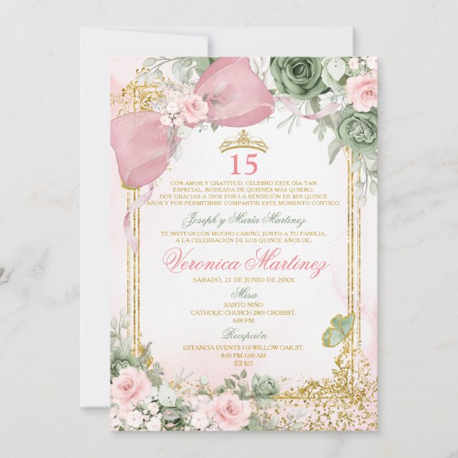Invitation Spanish Pink & Sage Green Floral 15 Años Birthday (Devant)