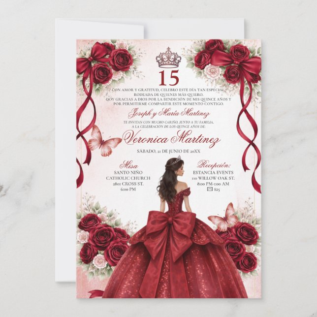 Invitation Spanish Quinceañera Burgundy Red 15 Años Princess (Devant)
