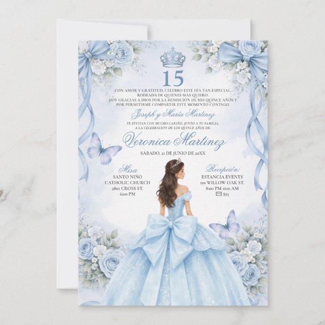 Invitation Spanish Quinceañera Dusty Blue 15 Años Princess (Devant)