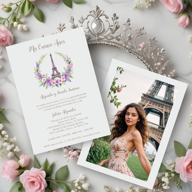 Invitation Spanish Quinceañera Romantic Eiffel Tower Photo (Spanish Quinceañera Romantic Eiffel Tower Pastel Floral Garland Photo Invitations Cards.)