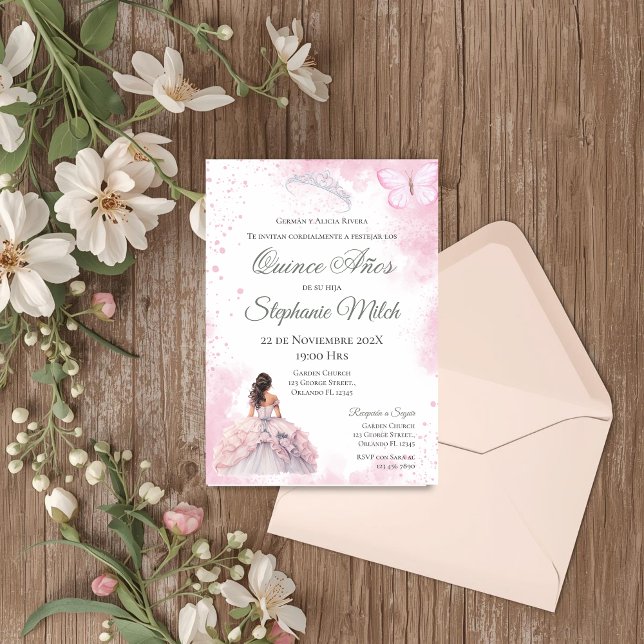Invitation Spanish Quinceanera rose floral invite (Créateur téléchargé)