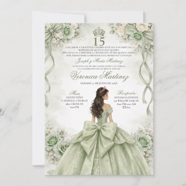 Invitation Spanish Quinceañera Sage Green Princess 15 Años (Devant)