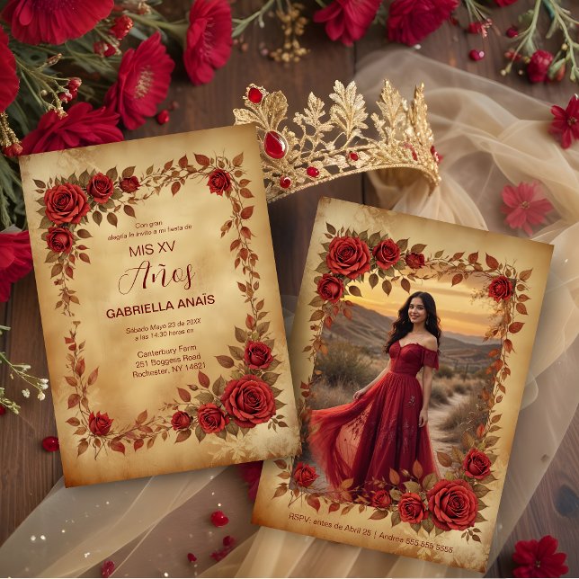 Invitation Spanish Quinces Vintage Romantic Photo Red Roses (Spanish Quinceañera Vintage Romantic Photo Red Roses Frame Invitation Card. )