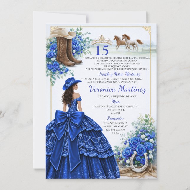 Invitation Spanish Royal Blue Floral Charra Princess 15 Años (Devant)