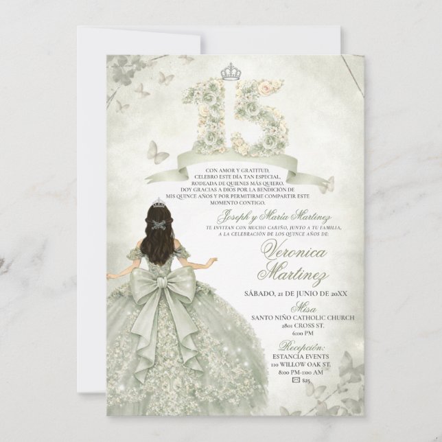 Invitation Spanish Sage Green & Silver Crown 15 Años Princess (Devant)