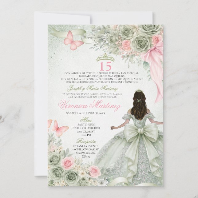 Invitation Spanish Sage Vert & Rose Princesse Floral 15 Ans (Devant)