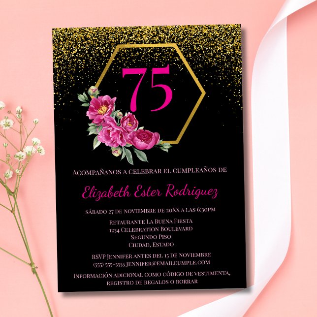 Invitation Spanish Stunning Black Gold & Pink 75e anniversair (Créateur téléchargé)