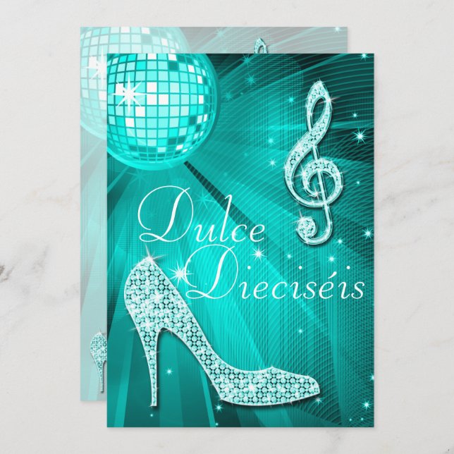 Invitation Spanish Teal Disco Ball and Sparkle Heels Sweet 16 (Devant / Derrière)