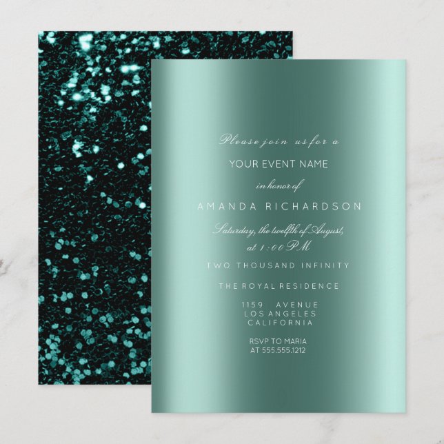 Invitation Spark Metallic Noir Paillette Glitter Turquoise Ma (Devant / Derrière)
