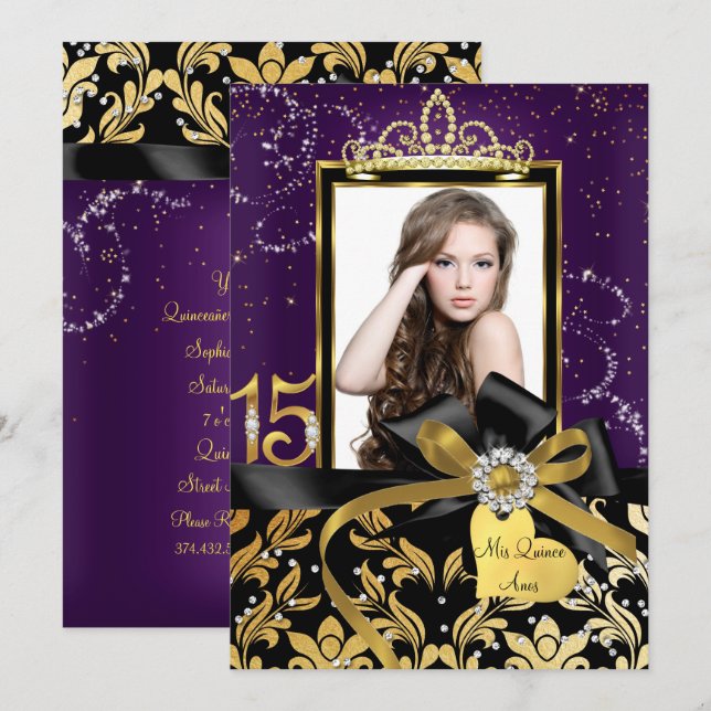Invitation Sparkel Gold Purple Damask & Bow Photo Quinceanera (Devant / Derrière)