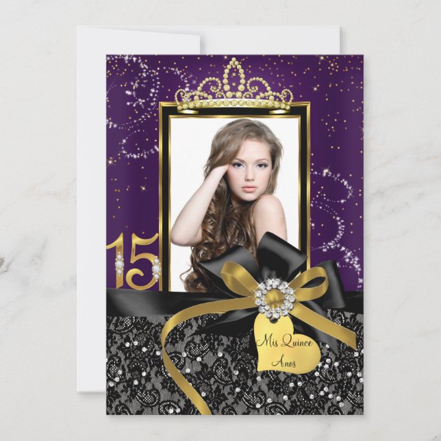 Invitation Sparkel Gold Purple dentelle & Bow Photo Quinceane (Devant)