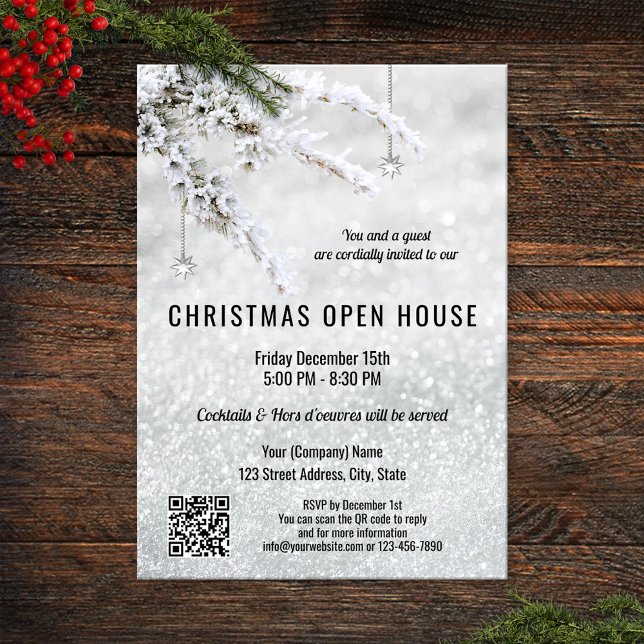 Invitation Sparkings Snow Christmas Company Open House QR In (Christmas open house party invitation with an elegant silver snow design and QR code template)