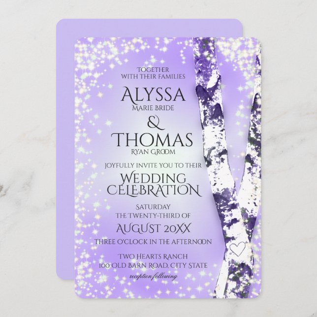 Invitation Sparkle Birch Mariage Violet (Devant / Derrière)