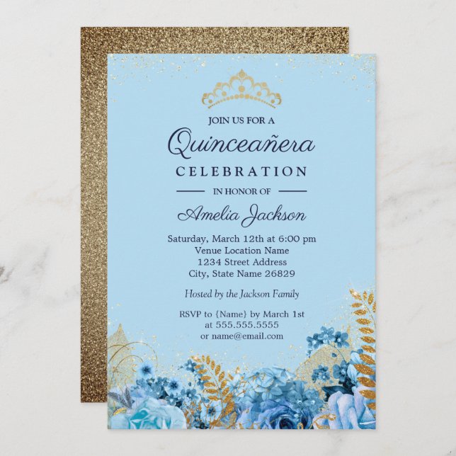 Invitation Sparkle Blue Gold Parties scintillant florale Quin (Devant / Derrière)