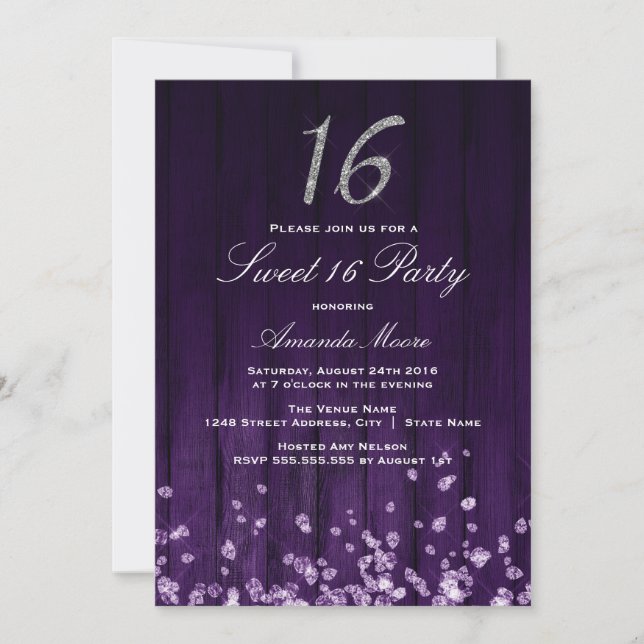 Invitation Sparkle Diamond Violet Argent Sweet 16 (Devant)