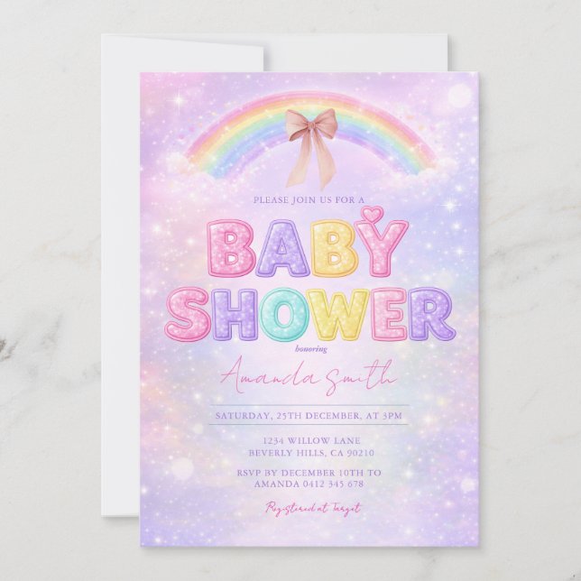 Invitation Sparkle Glitter rainbow baby shower with Bow (Devant)
