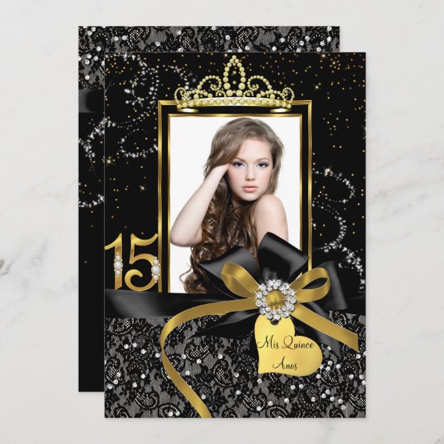 Invitation Sparkle Gold Black dentelle & Bow Photo Quinceaner (Devant / Derrière)