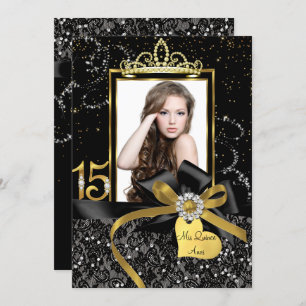 Invitation Sparkle Gold Black dentelle & Bow Photo Quinceaner