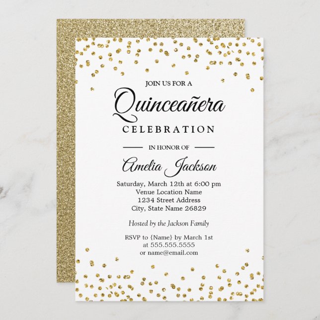 Invitation Sparkle Gold Confetti Quinceanera (Devant / Derrière)