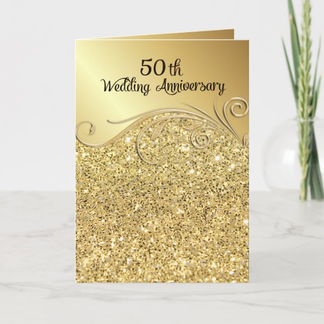 Invitation Sparkle Golden 50e Anniversaire de Mariage Plié (Devant)