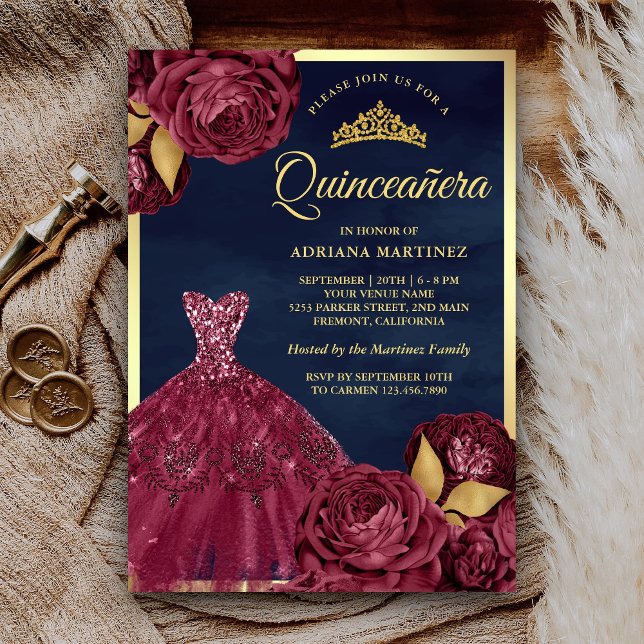 Invitation Sparkle Gown Bourgogne Floral Navy Gold Quinceaner (Créateur téléchargé)