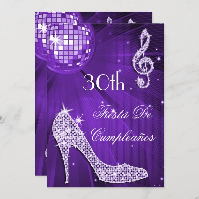 Invitation Sparkle Heels Purple Disco Ball 30th Birthday (Devant / Derrière)