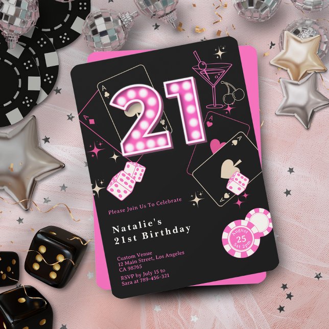 Invitation Sparkle Hot Pink Casino Dice & Chips 21e anniversa (Sparkle Hot Pink Casino Dice & Chips 21st Birthday Invitation)