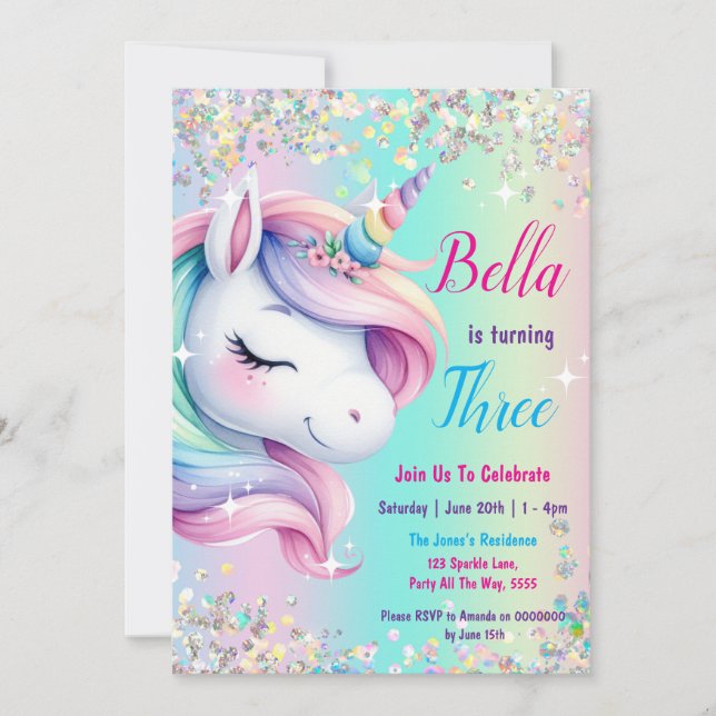 Invitation Sparkle Pastel Rainbow Unicorn Anniversaire Invita (Devant)