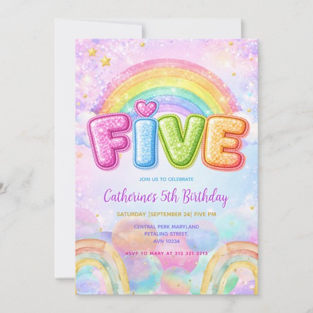 Invitation Sparkle Rainbow 5th Birthday Party (Devant)