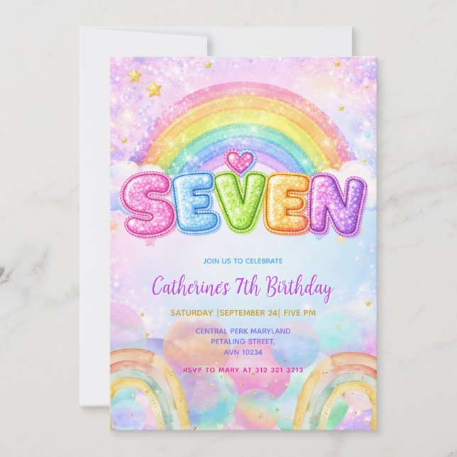Invitation Sparkle Rainbow 7th Birthday Party (Devant)