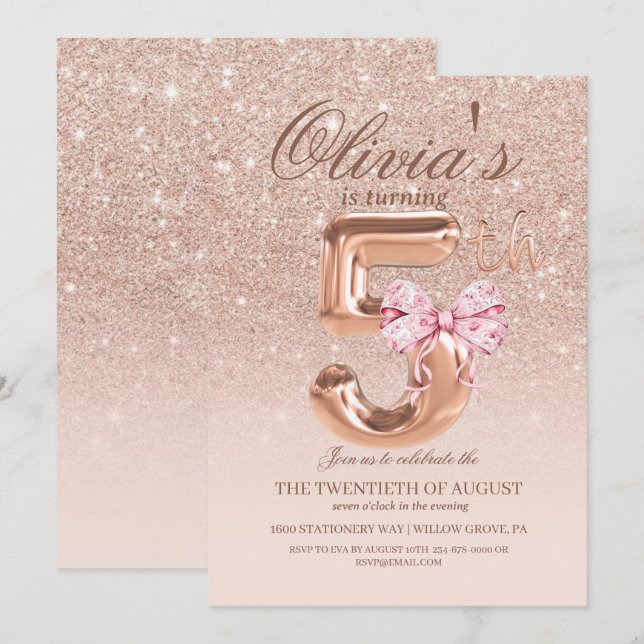 Invitation Sparkle Rose Gold Moderne 5e fête d'anniversaire (Devant / Derrière)