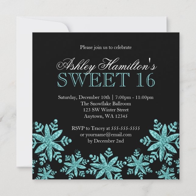 Invitation Sparkle Snowflakes Turquoise Sweet 16 Winter Wonde (Devant)