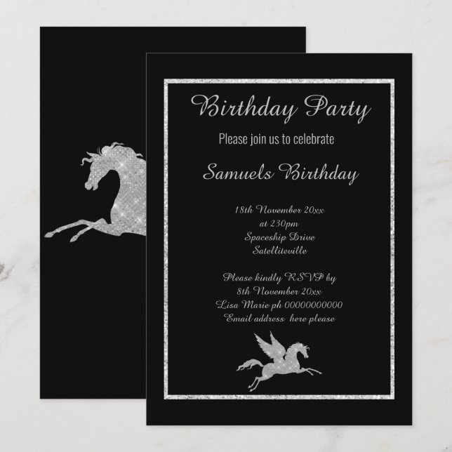 Invitation Sparkle Unicorn Arrière - plan noir Anniversaire (Devant / Derrière)