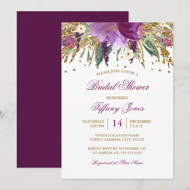 Invitation Sparkling Amethyst Floral Aquarelle Enterrement de (Devant / Derrière)