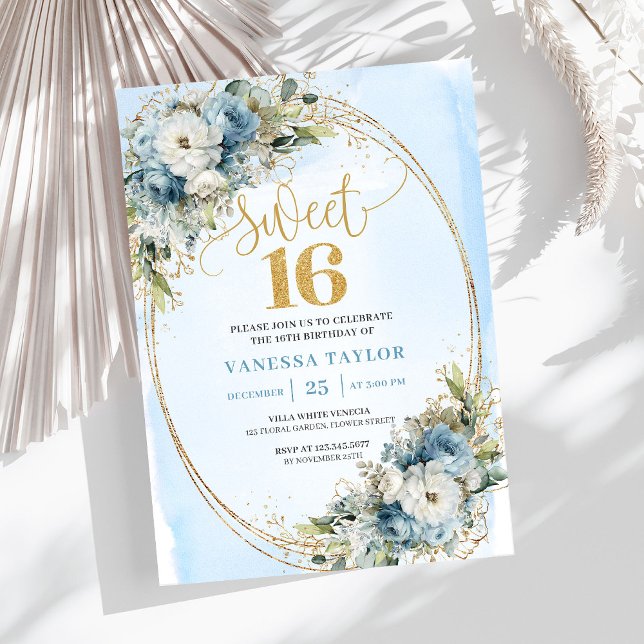 Invitation Sparkling Dusty Blue Greenery Sweet Sixteen Invite (Sparkling Dusty Blue Greenery Sweet Sixteen Invite Design)