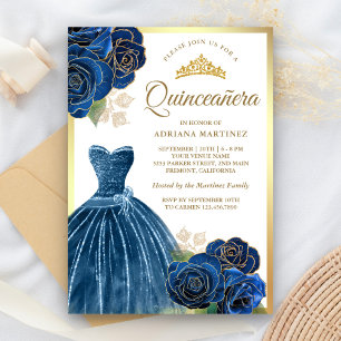 Invitation Sparkling Gown Marine Bleu Rose Gold Quinceanera