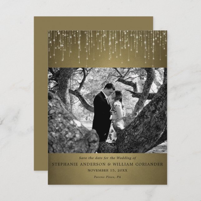 Invitation Sparkling Lights Gold Photo Enregistrer la date (Devant / Derrière)