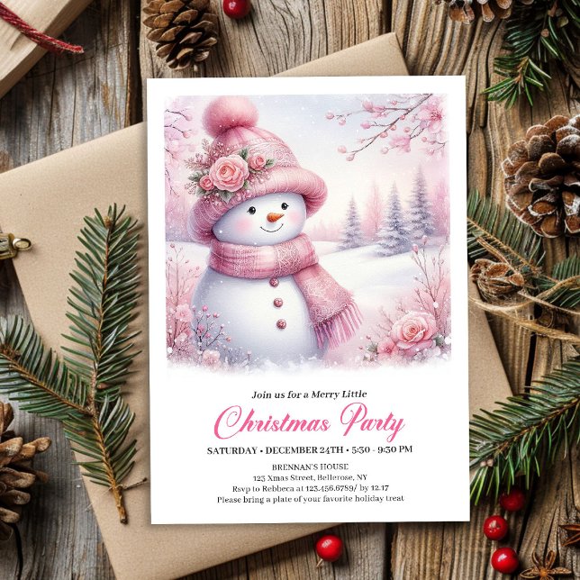 Invitation Sparkling Pink Snowman Kids Christmas Invite Digit (Sparkling Pink Snowman Kids Christmas Invite Digital File)