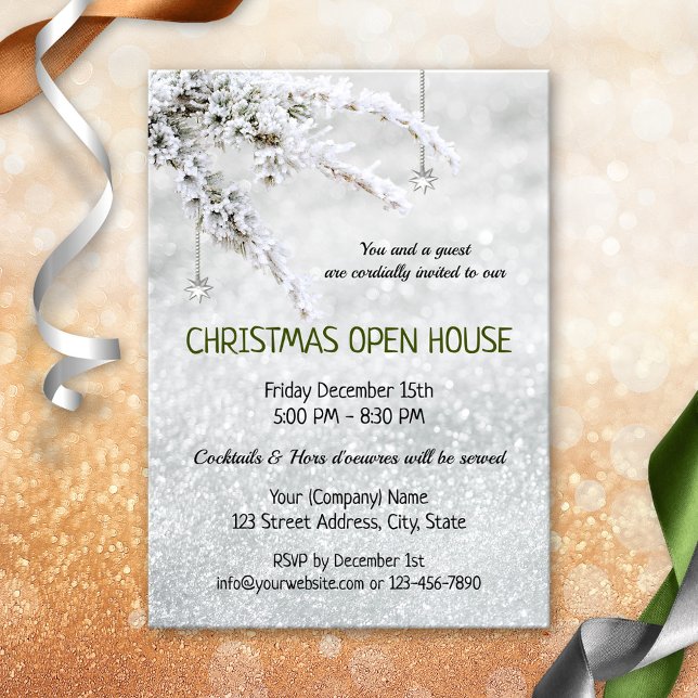 Invitation Sparkling Snow Christmas Company Open House Invita (Christmas open house invitation featuring a snow covered branch with silver star pending ornament)